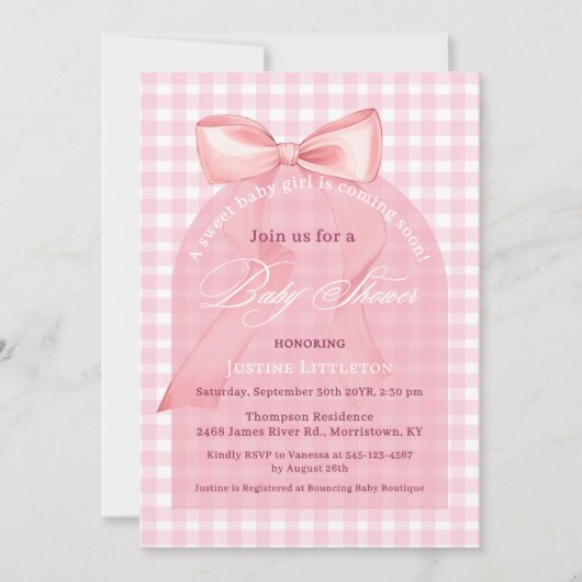 Schattigee Roze Bow Gingham Arch Script Meisje Bab Kaart (Voorkant)
