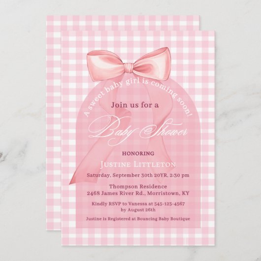 Schattigee Roze Bow Gingham Arch Script Meisje Bab Kaart (Voorkant / Achterkant)