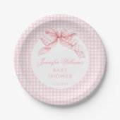 Schattigee Roze Bow Gingham Baby Meisje Douche Papieren Bordje (Voorkant)