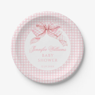 Schattigee Roze Bow Gingham Baby Meisje Douche Papieren Bordje