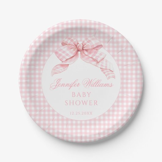Schattigee Roze Bow Gingham Baby Meisje Douche Papieren Bordje (Voorkant)