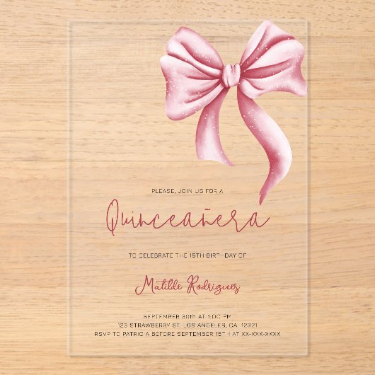 Schattigee Roze Bow Girly Quinceanera Verjaardag Acryl Uitnodigingen (Voorkant)