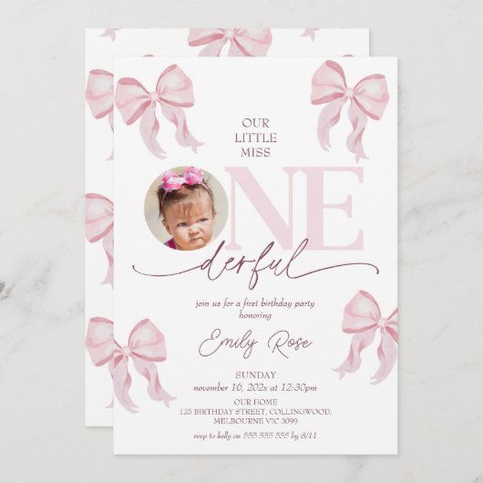 Schattigee Roze Bow Little Miss Onederful 1e verja Kaart (Voorkant / Achterkant)