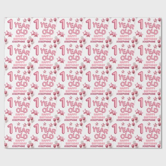Schattigee Roze Briefballon 1e Verjaardag Wrapping Cadeaupapier (Vlak)