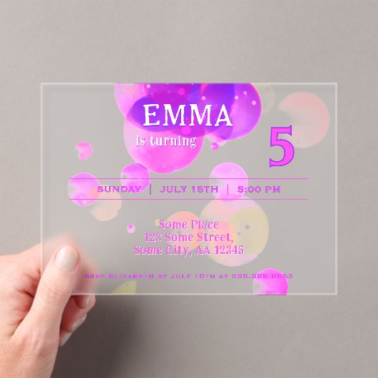 Schattigee Roze Bubbels Kids Verjaardagsfeest Acryl Uitnodigingen (Insitu (Draagbaar))