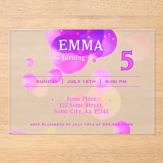 Schattigee Roze Bubbels Kids Verjaardagsfeest Acryl Uitnodigingen (Voorkant)