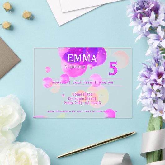 Schattigee Roze Bubbels Kids Verjaardagsfeest Acryl Uitnodigingen (Insitu (Huwelijk))