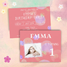 Schattigee Roze Bubbles 1e Verjaardagsfeestfoto Uitnodiging Briefkaart