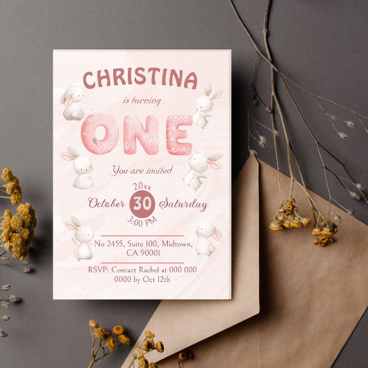 Schattigee roze Bunny-Themd moderne pastel 1e verj Kaart