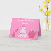 Schattigee Roze Cartoon Huisdieren & Verjaardag Ca Kaart (Gele Bloem)