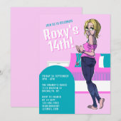 Schattigee Roze Cartoon Tiener Meisje 14e Verjaard Kaart (Voorkant / Achterkant)