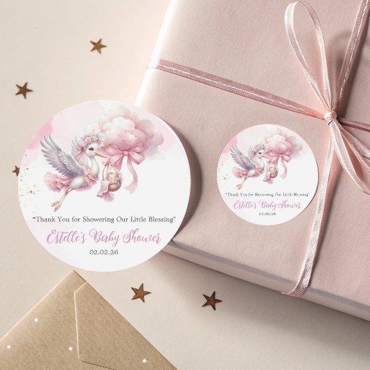 Schattigee Roze Cloud Stork Baby Girl Shower Stick Ronde Sticker