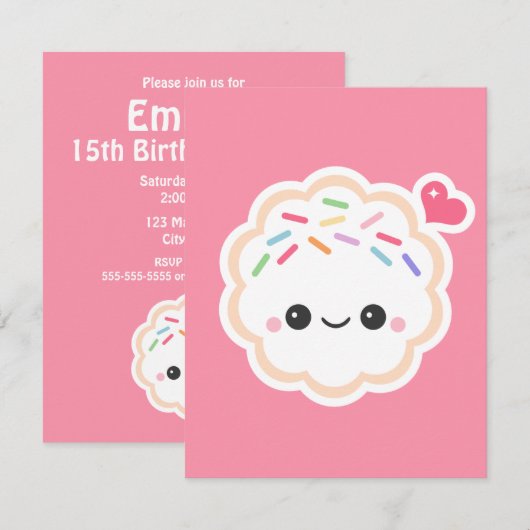Schattigee roze cookie verjaardagsfeestuitnodiging kaart (Voorkant / Achterkant)