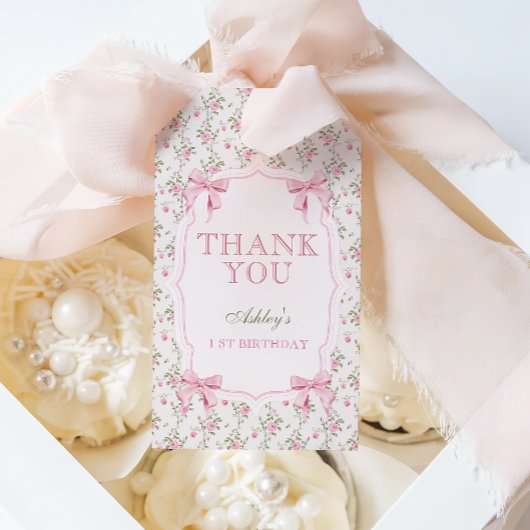 Schattigee Roze Coquette Bow 1e verjaardag Cadeaulabel