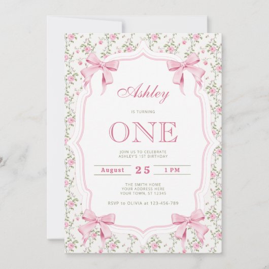 Schattigee Roze Coquette Bow 1e verjaardag Kaart (Voorkant)