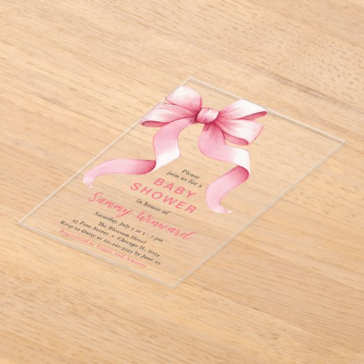 Schattigee Roze Coquette Bow Baby shower Acryl Uitnodigingen (Laagn)