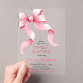 Schattigee Roze Coquette Bow Sweet Sixteen Acryl Uitnodigingen (Insitu (Draagbaar))