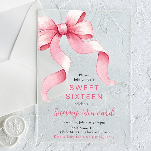 Schattigee Roze Coquette Bow Sweet Sixteen Acryl Uitnodigingen