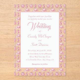 Schattigee Roze Cowgirl Country Wedding Acryl Uitnodigingen