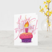 Schattigee Roze Cupcake & Cartoon Candle Verjaarda Kaart (Gele Bloem)