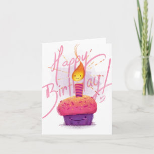 Schattigee Roze Cupcake & Cartoon Candle Verjaarda Kaart