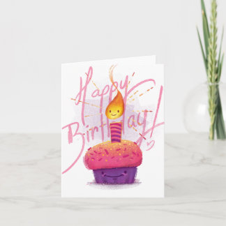 Schattigee Roze Cupcake & Cartoon Candle Verjaarda Kaart