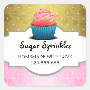 Schattigee roze cupcake elegante gouden polka stip vierkante sticker