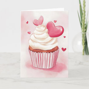 Schattigee roze cupcake en harten feestdagen kaart