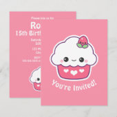Schattigee roze cupcake verjaardagsfeestuitnodigin kaart (Voorkant / Achterkant)