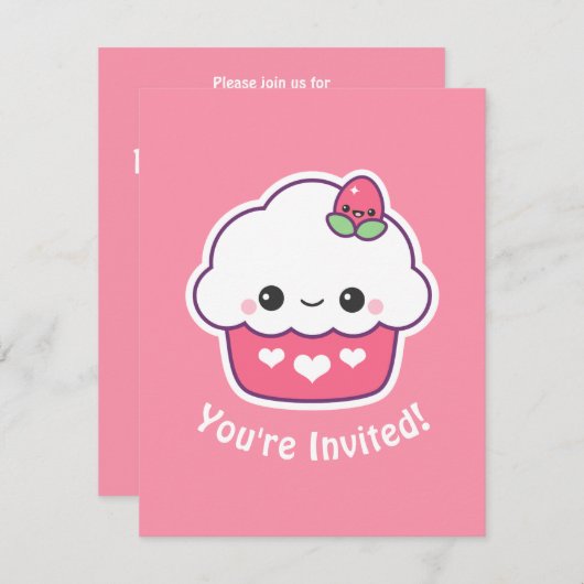 Schattigee roze cupcake verjaardagsfeestuitnodigin kaart (Voorkant / Achterkant)