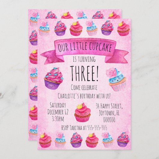 Schattigee Roze Cupcake Waterverf Verjaardag Meisj Kaart (Voorkant / Achterkant)
