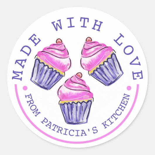 Schattigee roze cupcakes gemaakt met liefde bakken ronde sticker (Voorkant)