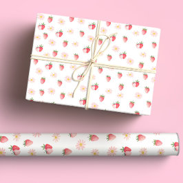 Schattigee Roze Daisy & Aardbeien Pastel Waterverf Cadeaupapier