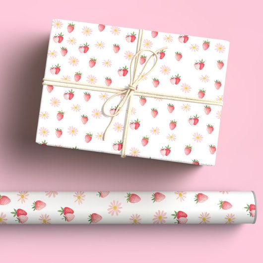 Schattigee Roze Daisy & Aardbeien Pastel Waterverf Cadeaupapier