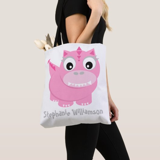 Schattigee roze Dino Kawaii Cartoon Tote Bag (Dichtbij)
