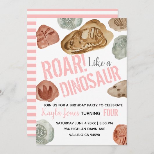 Schattigee roze dinosaurus fossiel verjaardagsuitn kaart (Voorkant / Achterkant)