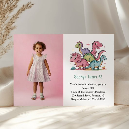 Schattigee Roze Dinosaurus Foto Kids Verjaardagsfe Kaart
