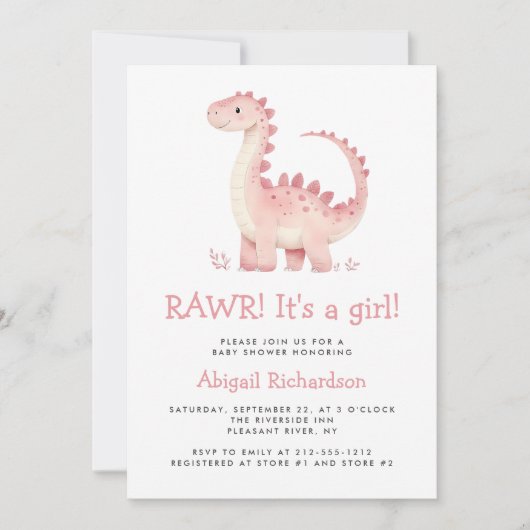 Schattigee Roze Dinosaurus QR Code Meisje Baby sho Kaart (Voorkant)