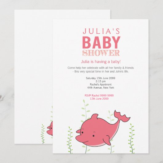 Schattigee Roze Dolfijn Baby shower Uitnodigen Kaart (Voorkant / Achterkant)