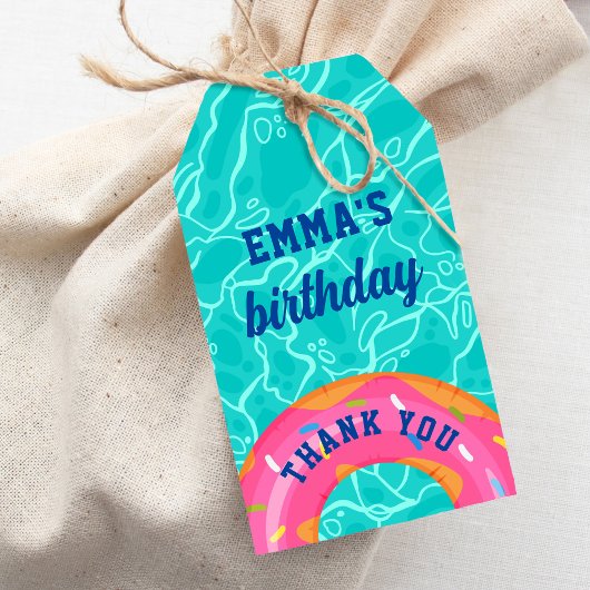 Schattigee roze donut binnenbuis zwembad feestdag cadeaulabel