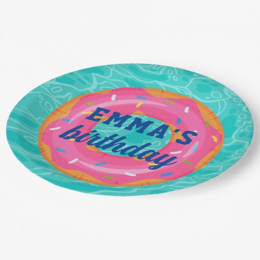 Schattigee roze donut binnenbuis zwembad feestdag  papieren bordje (Gekanteld)