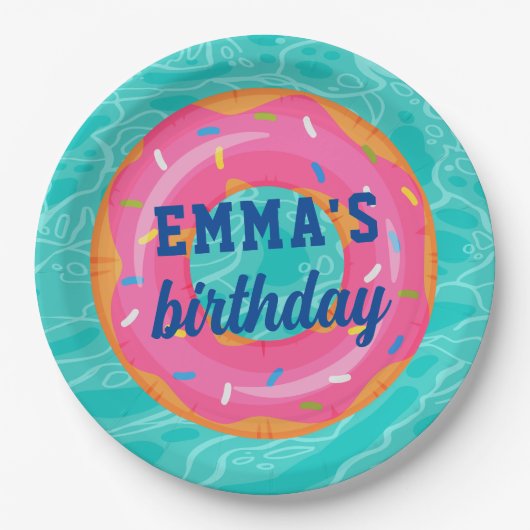 Schattigee roze donut binnenbuis zwembad feestdag  papieren bordje (Voorkant)