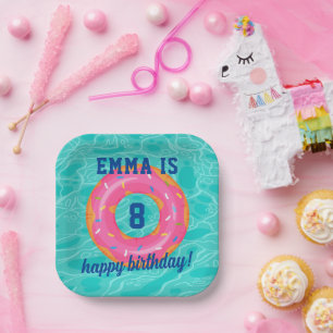 Schattigee roze donut binnenbuis zwembad feestdag papieren bordje