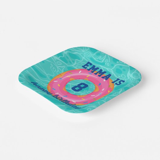 Schattigee roze donut binnenbuis zwembad feestdag  papieren bordje (Gebogen)