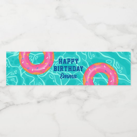 Schattigee roze donut binnenbuis zwembad feestdag  waterfles etiket (Enkel label)