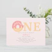 Schattigee roze donut één 1e verjaardag kaart (Staand voorkant)