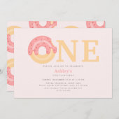 Schattigee roze donut één 1e verjaardag kaart (Voorkant / Achterkant)