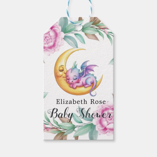 Schattigee Roze Draak en Peony Girl Baby shower Cadeaulabel (Voorkant)