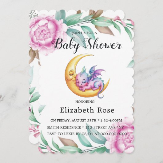 Schattigee Roze Draak en Peony Girl Baby shower Kaart (Voorkant / Achterkant)