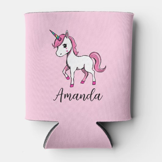 Schattigee Roze Eenhoorn Cartoon Naam Blikjeskoeler (Voorkant)
